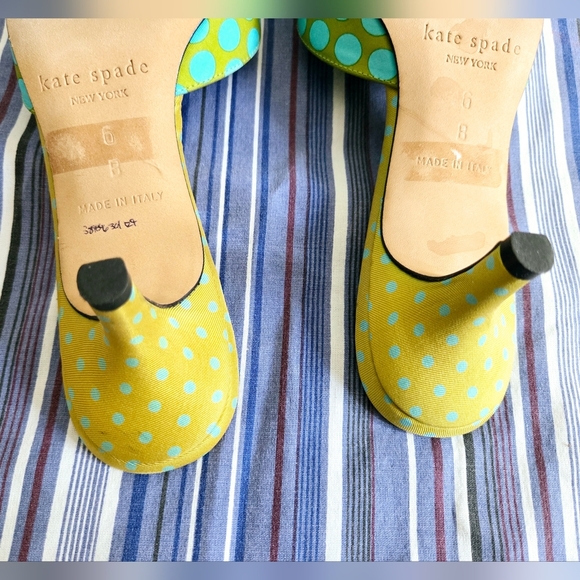 Kate Spade ◇ Green/ Turquoise polka dot kitten heel mules Sz 6 Made Italy - Picture 8 of 10